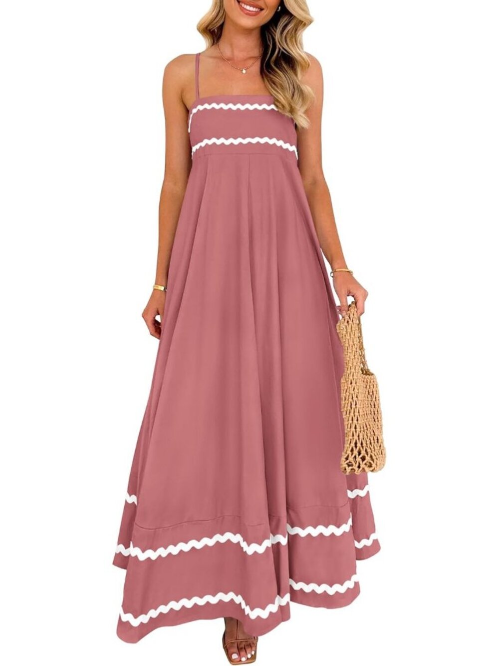 Women's Dark Pink Flowy Maxi Summer Sleeveless Strap Ruffle Beach Long Dress